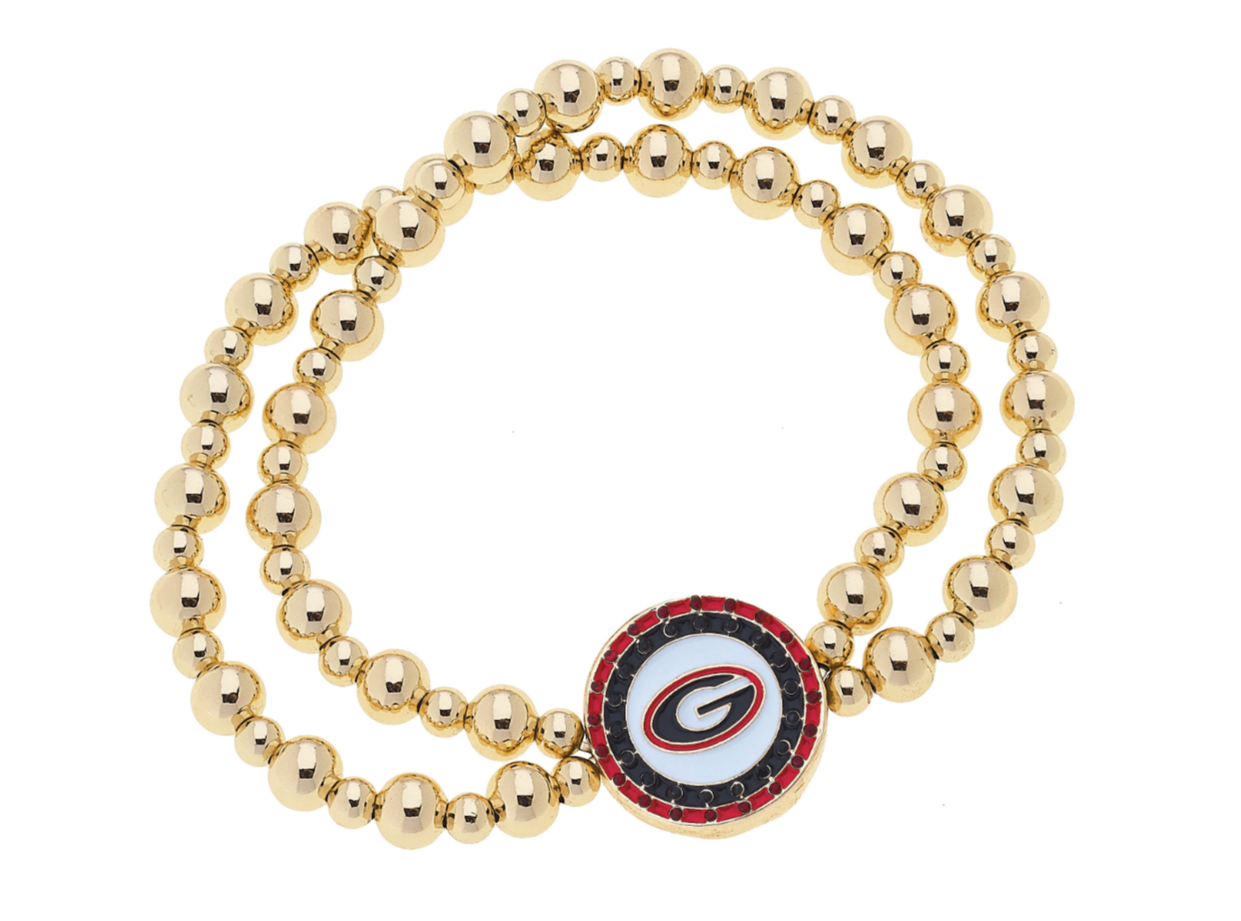 Georgia Bulldogs Pave Disc 2-Row Ball Bead Stretch Bracelet in Shiny Gold