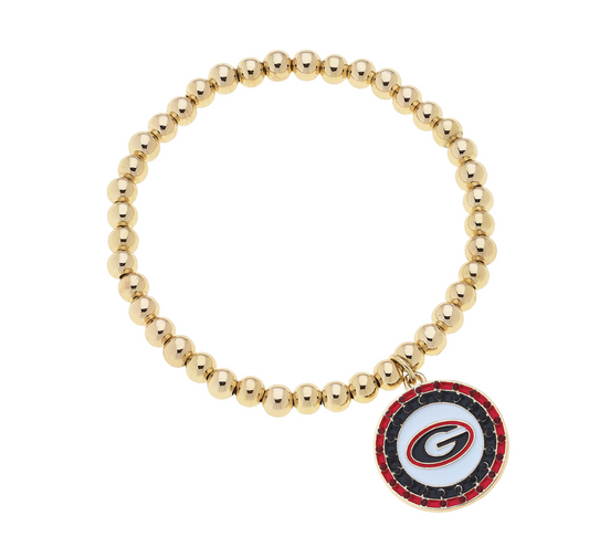 Georgia Bulldogs Pave Disc Ball Bead Stretch Bracelet in Shiny Gold