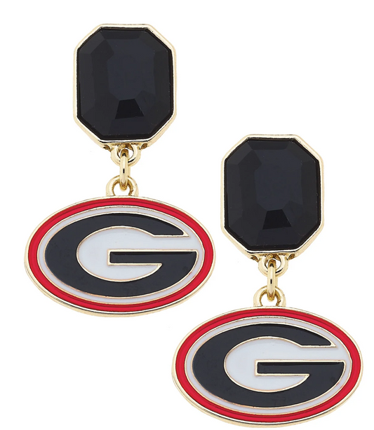 Georgia Bulldogs Rhinestone Enamel Logo Earrings in Shiny Gold