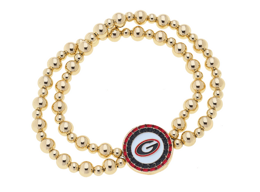 Georgia Bulldogs Pave Disc 2-Row Ball Bead Stretch Bracelet in Shiny Gold