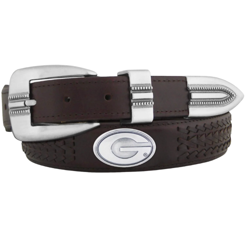 UGA Brown Leather Concho Belt With Leather Braiding